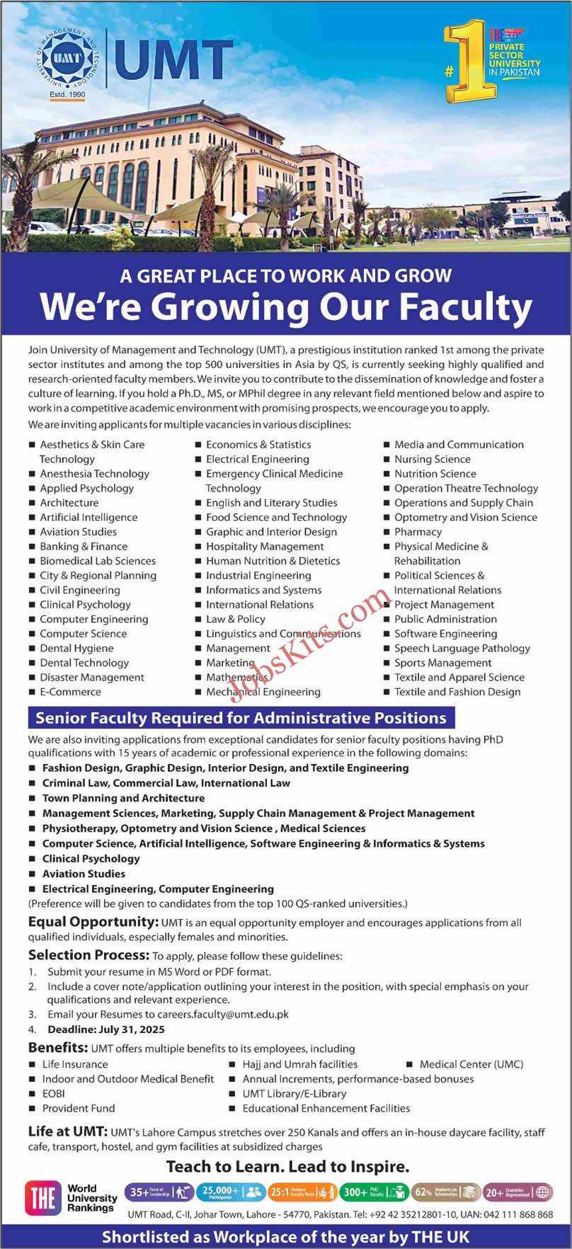 University of Management and Technology Lahore Jobs 2025 