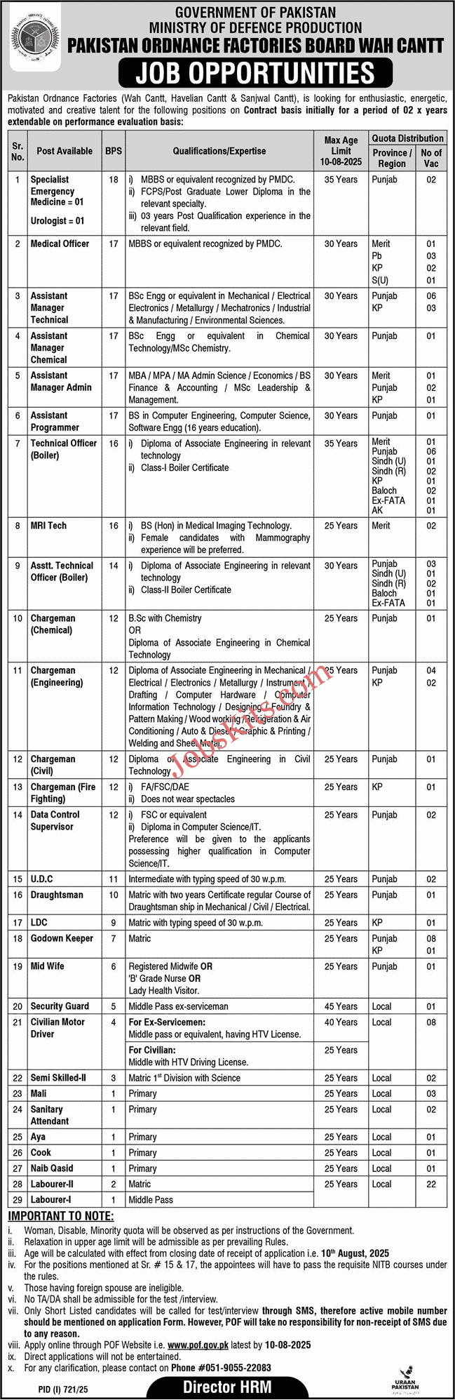 Pakistan Ordnance Factories  POF Jobs 2025 