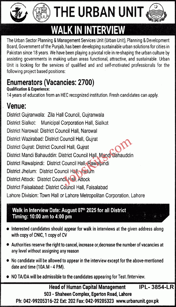 Enumerator Jobs in The Urban Unit 2025